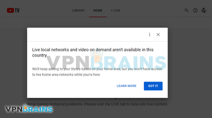 Youtube TV geo restriction error