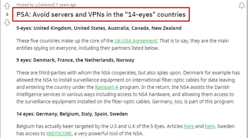 Redditors comments on top VPNs outside 14 eyes